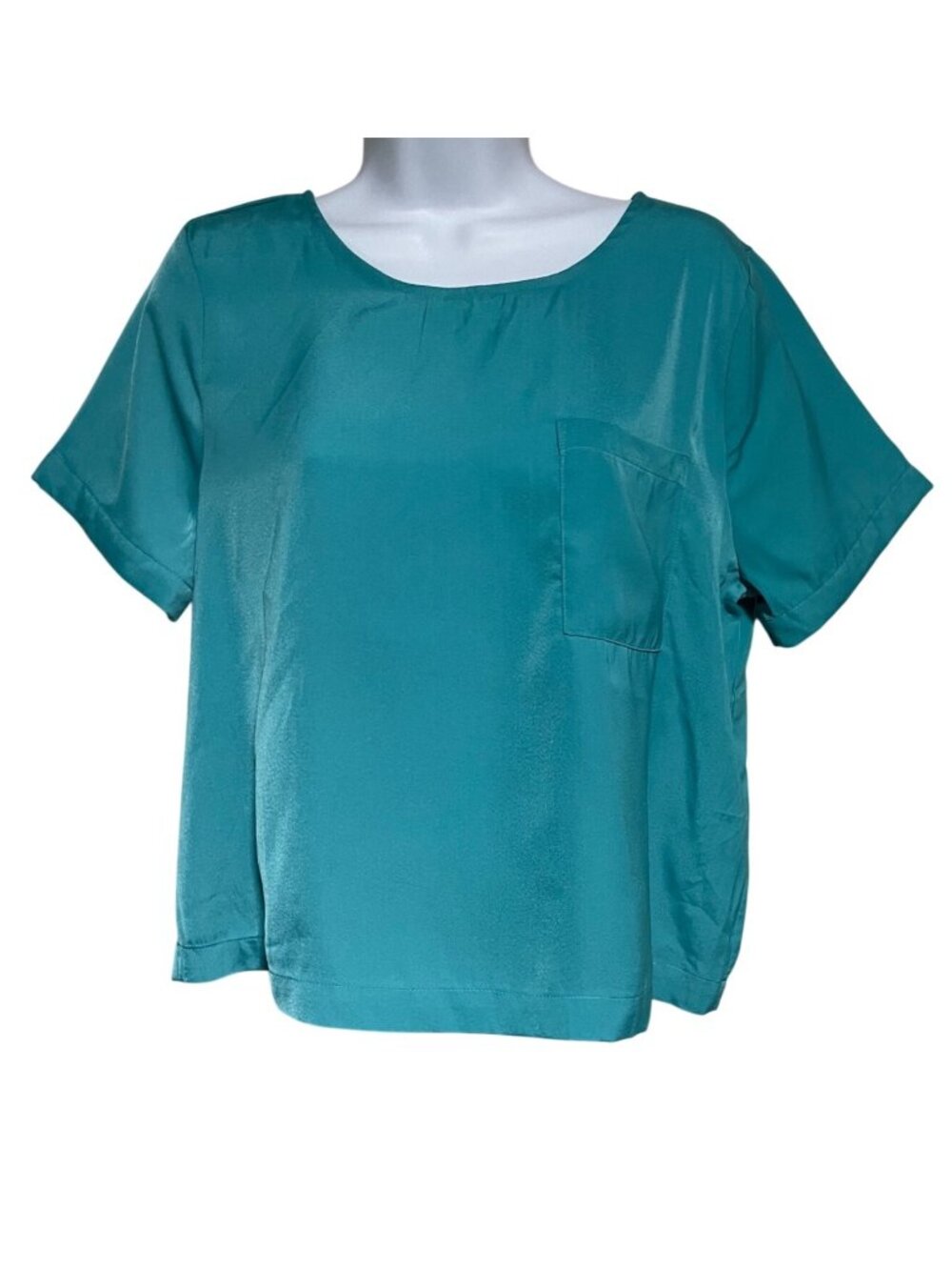 Pleione Teal Satin Short Sleeve Blouse Top Womens M Chest Pocket Keyhole Back